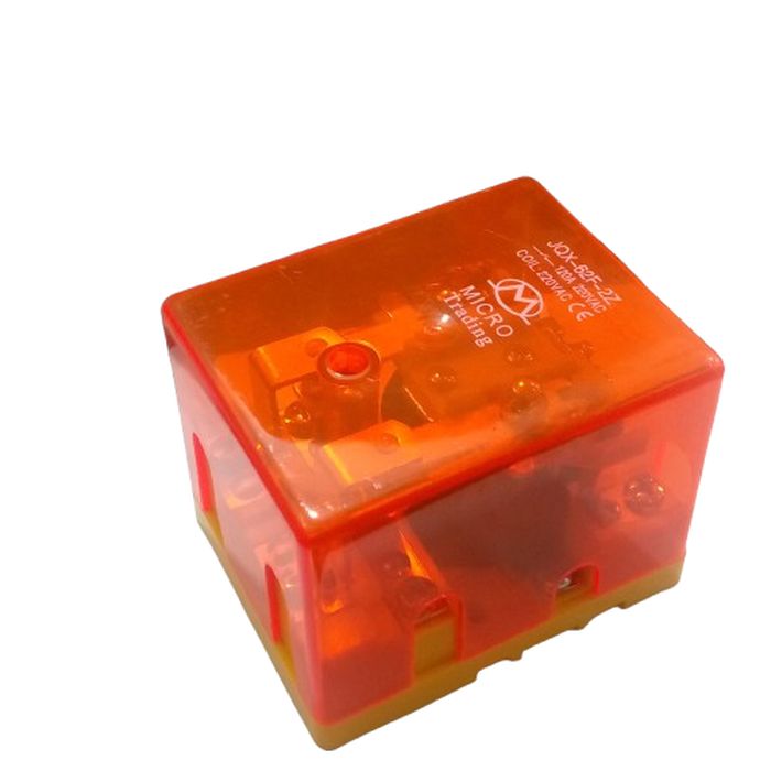 JQX-62F 2z 220VAC High Power Relay Coil - a square electrical component with a transparent orange plastic cover and a yellow base.