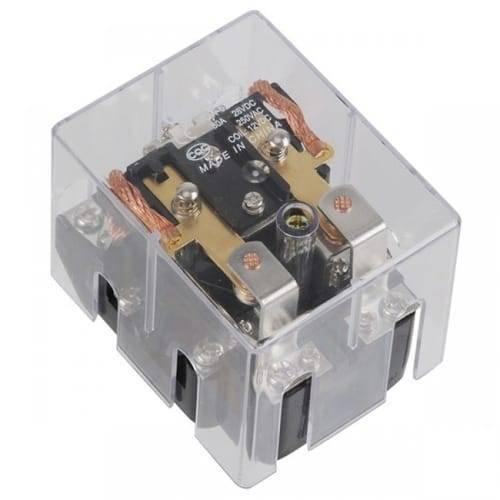 JQX-62F 2z 220VAC High Power Relay Coil - a clear plastic-encased electromagnetic relay showing internal copper windings, metal contact points, and screw terminals.