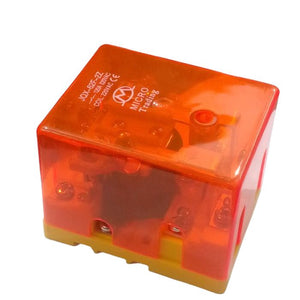 JQX-62F 2z 220VAC High Power Relay Coil - a square electrical component with a transparent orange plastic cover over internal mechanical parts.