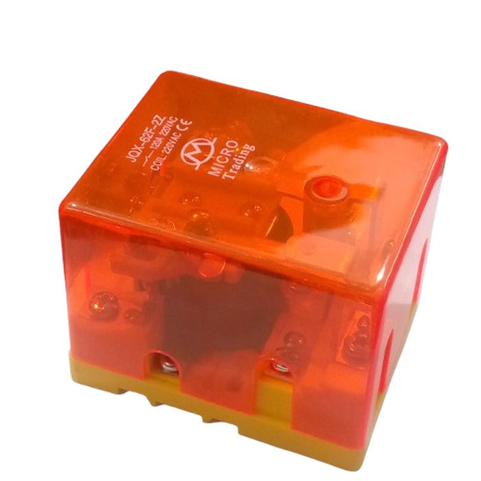 JQX-62F 2z 220VAC High Power Relay Coil - a square electrical component with a transparent orange plastic cover over internal mechanical parts.