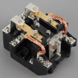 JQX-62F 2z 220VAC High Power Relay Coil - a black plastic base with two brass contact arms, copper braided wires, and multiple silver screw terminals.