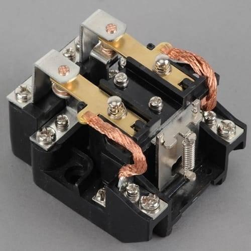 JQX-62F 2z 220VAC High Power Relay Coil - a black plastic base with two brass contact arms, copper braided wires, and multiple silver screw terminals.