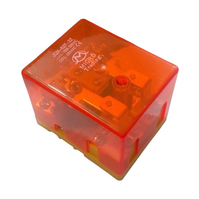 JQX-62F 2z 220VAC High Power Relay Coil - a rectangular electronic component with an orange transparent plastic cover and visible internal metal contacts.