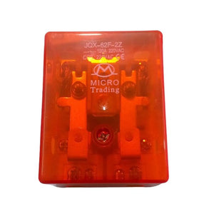 JQX-62F 2z 220VAC High Power Relay Coil - a rectangular orange translucent plastic-cased relay featuring visible internal metal contacts and screw terminals.