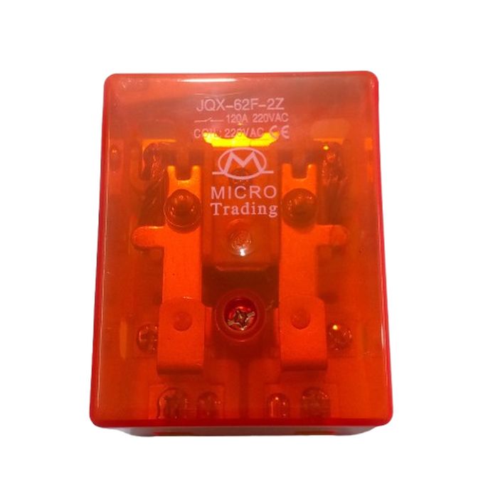 JQX-62F 2z 220VAC High Power Relay Coil - a rectangular orange translucent plastic-cased relay featuring visible internal metal contacts and screw terminals.