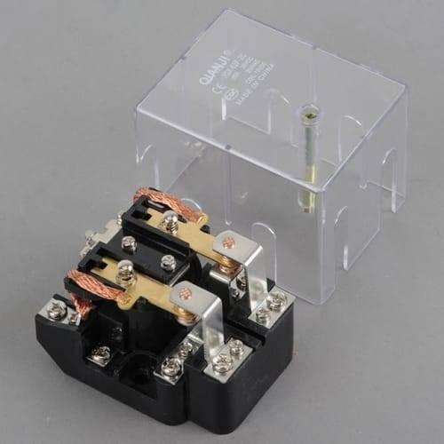 JQX-62F 2z 220VAC High Power Relay Coil - shown with its black base, internal copper and metal components, and a detached transparent plastic cover.