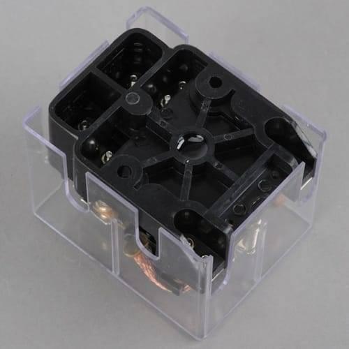 JQX-62F 2z 220VAC High Power Relay Coil - shown from an elevated angle inside a clear plastic protective housing, revealing its black base and copper coils.