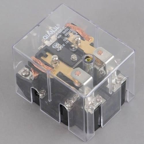 JQX-62F 2z 220VAC High Power Relay Coil - shown in a clear plastic protective cover with visible internal metal contacts and screw terminals.