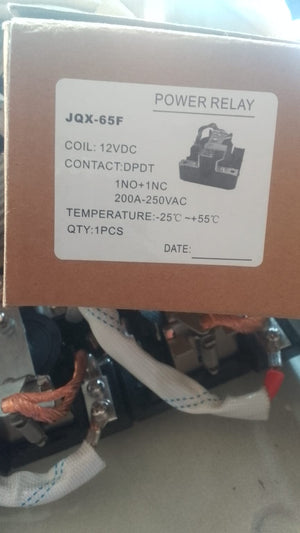 Jqx 65F 12V Relay - shown in its brown cardboard packaging, with a white label detailing specifications and a partial view of the relay hardware below.