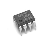 JRC4558D Dual Op Amp 4558D - a black 8-pin integrated circuit chip with 4558D, JRC, and 4203G printed on its top surface.