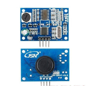 JSN-SR04T Ultrasonic Sensor Module Distance Measuring Sensor - the blue front and back sides of the circuit board with a black transducer and four-pin connector.