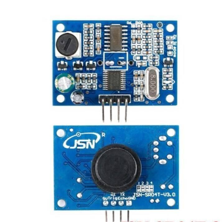 JSN-SR04T Ultrasonic Sensor Module Distance Measuring Sensor - the blue front and back sides of the circuit board with a black transducer and four-pin connector.