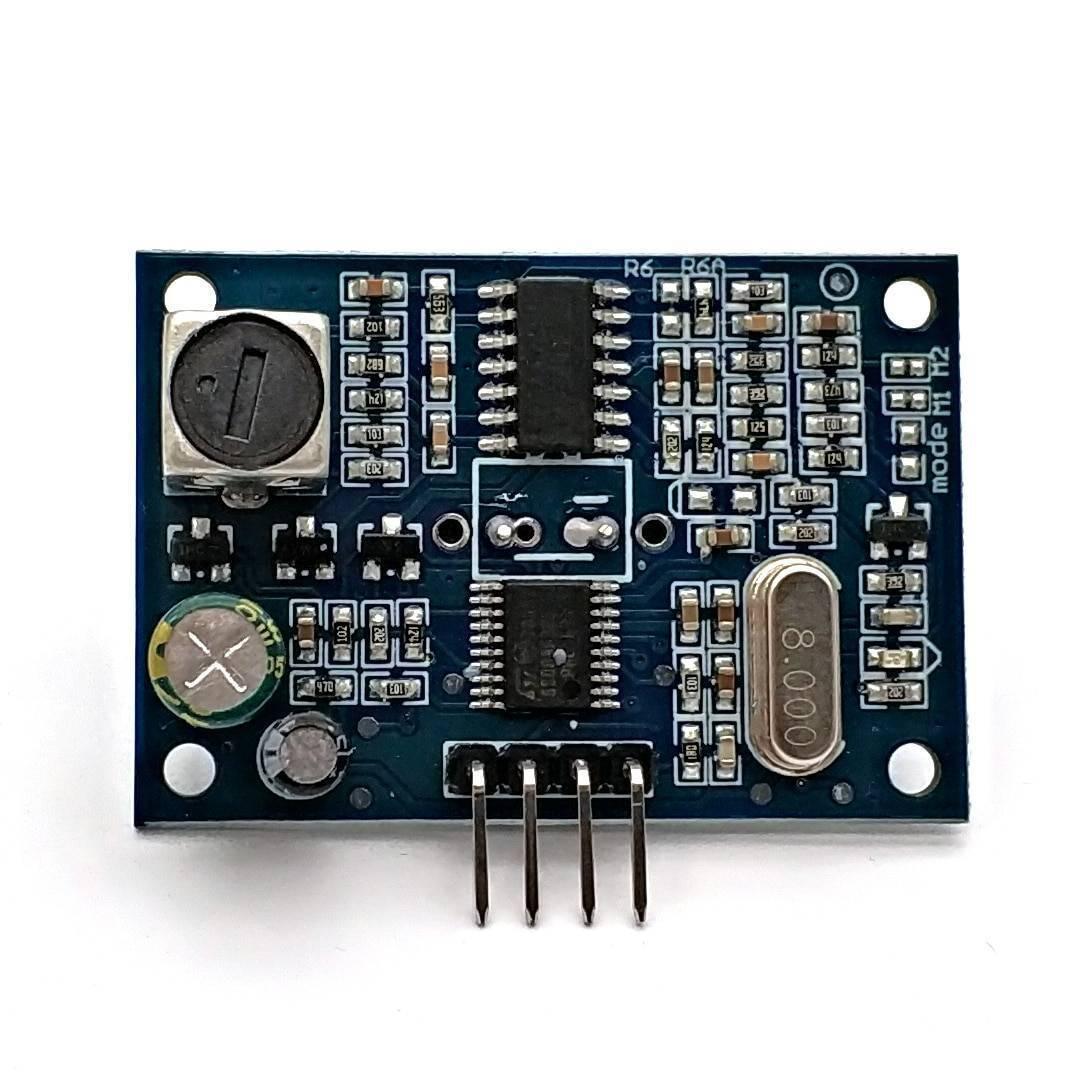 JSN-SR04T Ultrasonic Sensor Module Distance Measuring Sensor - a rectangular blue circuit board with a four-pin header, an 8.000 MHz crystal oscillator, and a black adjustment knob.