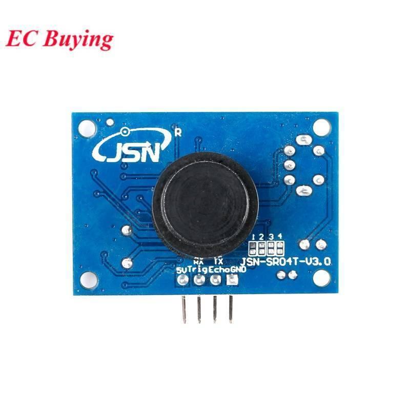 JSN-SR04T Ultrasonic Sensor Module Distance Measuring Sensor - a blue rectangular circuit board with a central black sensor and a four-pin connector labeled 5V, Trig, Echo, and GND.