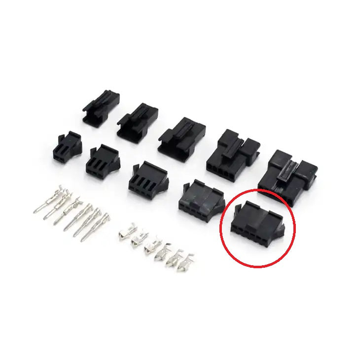 JST SM2.54 6 Pin Female Male Housing Terminals Wire Connector Sm-6p Sm-6R JST SM2.54 6p - an assortment of black plastic male and female housings with metal crimp terminals, with one 6-pin housing circled.
