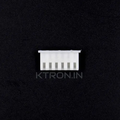 JST Xh 2.5mm Pitch 5 Pin Female Connector Housing Socket With Crimp Pins - shown as a white plastic rectangular connector with six internal slots against a black background.