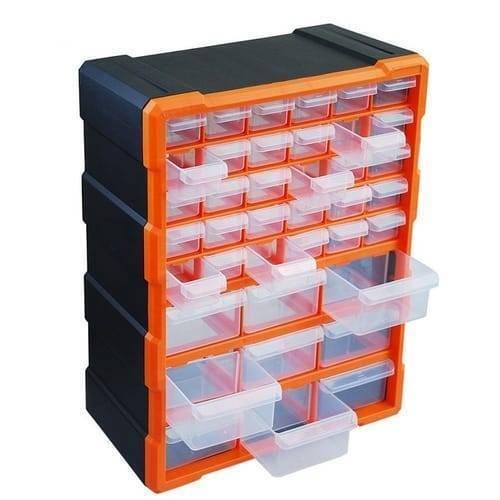 k-502 K502 39 Drawer Components Tool Storage Box Makeup Medicine Jewelry And Stationery Oraganizer - a black and orange plastic cabinet with multiple transparent drawers, some shown pulled open.