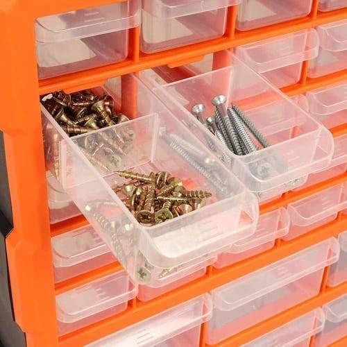 k-502 K502 39 Drawer Components Tool Storage Box Makeup Medicine Jewelry And Stationery Oraganizer - an orange frame with multiple clear plastic drawers containing various metal screws and fasteners.