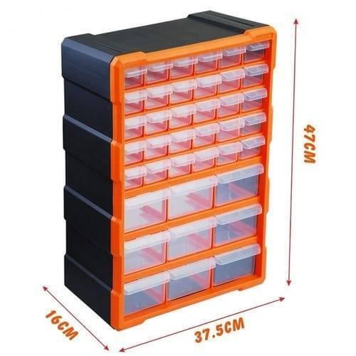 k-502 K502 39 Drawer Components Tool Storage Box Makeup Medicine Jewelry And Stationery Oraganizer - a black and orange plastic cabinet with 39 clear drawers, shown with dimension labels for height, width, and depth.