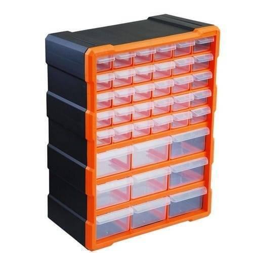 k-502 K502 39 Drawer Components Tool Storage Box Makeup Medicine Jewelry And Stationery Oraganizer - a black and orange plastic cabinet featuring 30 small drawers and 9 larger drawers with clear fronts.