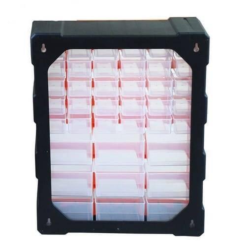 k-502 K502 39 Drawer Components Tool Storage Box Makeup Medicine Jewelry And Stationery Oraganizer - a black rectangular organizer unit featuring a grid of 39 clear plastic storage drawers.