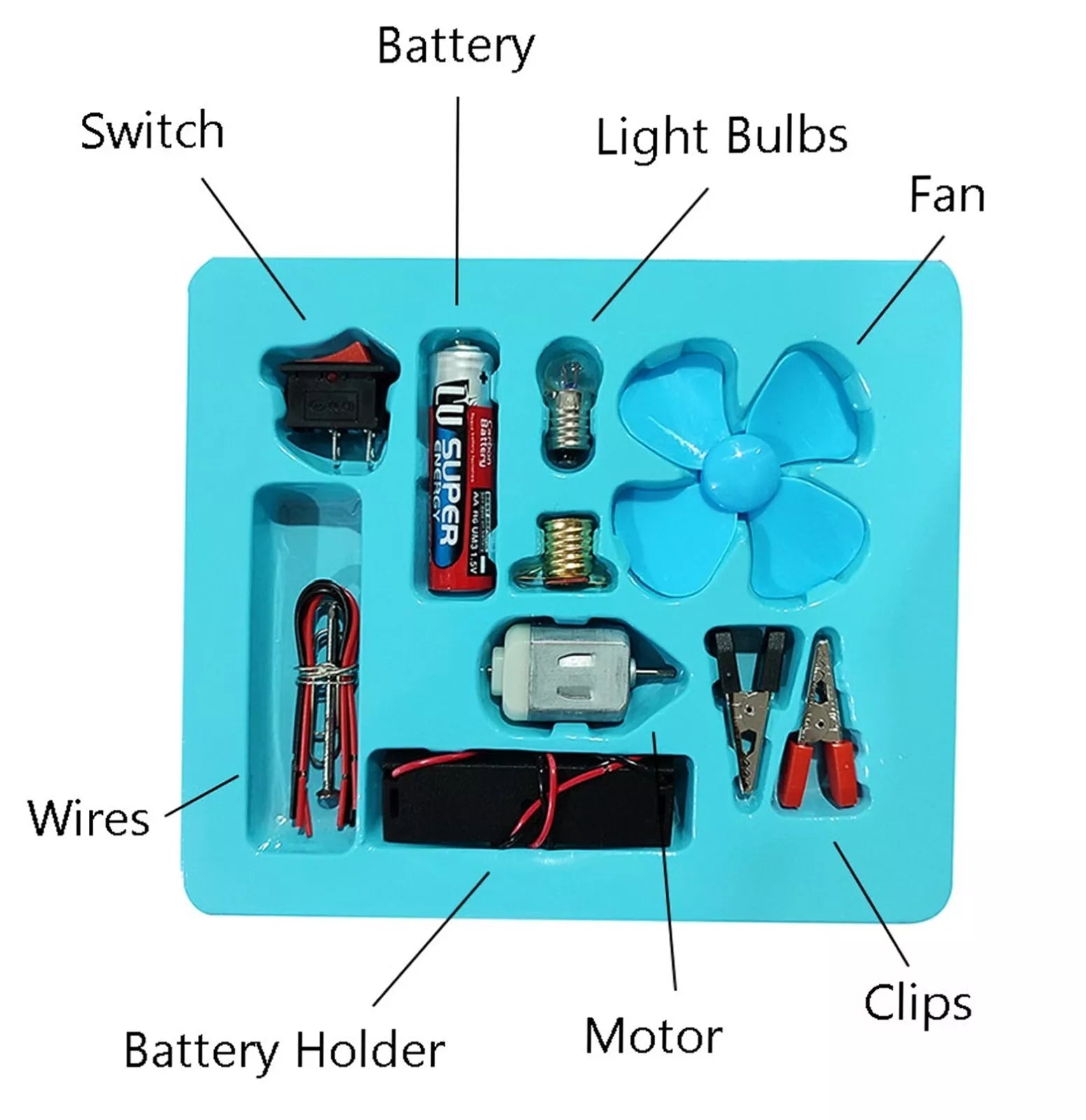 K130 Discover The Magic Of Electricity: DIY Kids Science Circuit Kits - a light blue tray containing a battery, motor, fan, switch, wires, and clips.
