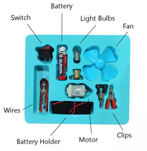 K130 Discover The Magic Of Electricity: DIY Kids Science Circuit Kits - a light blue tray containing a battery, motor, fan, switch, wires, and clips.