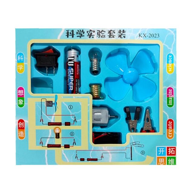 K130 Discover The Magic Of Electricity: DIY Kids Science Circuit Kits - a blue plastic tray with a motor, fan, battery, and components.