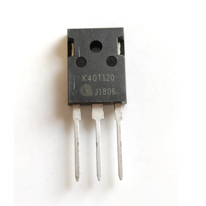 K40T120 IGBT Power Semiconductor - a black rectangular electronic component with three metal pins and the text K40T120 J1806 printed on its surface.