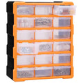 K503 Box Storage Box with 18pcs Drawers, Storage Box for Electronic Components, Drawer Storage, Screw Parts Storage Box 38x16x47 Cm - an orange and black plastic organizer with eighteen transparent drawers, two of which are pulled open.