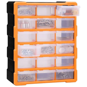 K503 Box Storage Box with 18pcs Drawers, Storage Box for Electronic Components, Drawer Storage, Screw Parts Storage Box 38x16x47 Cm - an orange and black plastic organizer with eighteen transparent drawers, two of which are pulled open.