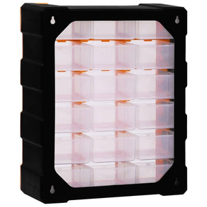 K503 Box Storage Box with 18pcs Drawers, Storage Box for Electronic Components, Drawer Storage, Screw Parts Storage Box 38x16x47 Cm - a black rectangular organizer featuring 18 transparent plastic drawers arranged in three columns of six.