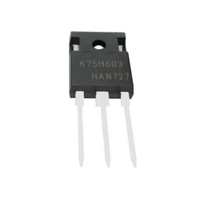K75H603 IGBT Power Transistor - a black electronic component with three metal pins and the text "K75H603" and "HAN727" printed on its front surface.