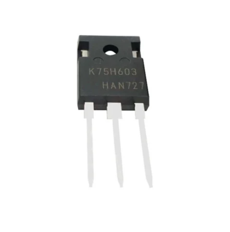 K75H603 IGBT Power Transistor - a black electronic component with three metal pins and the text "K75H603" and "HAN727" printed on its front surface.