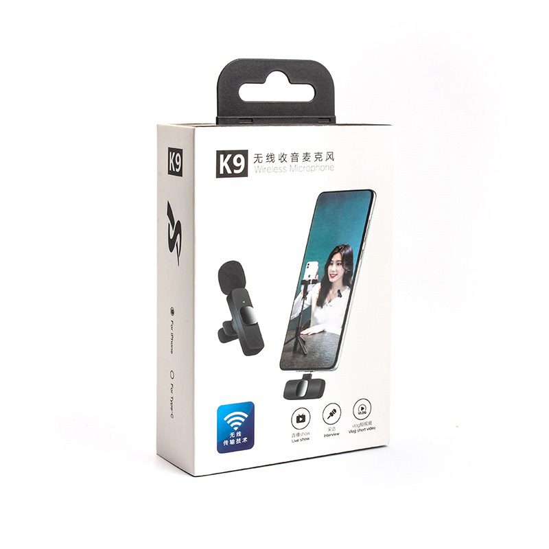 K9 Wireless Microphone For Mobile Type-c & Lightning - a white rectangular box with a picture of the microphone and a smartphone on the front.