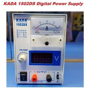 Kada 1502DS Adjustable Digital Power Supply 12V 2A DC Regulator Supply For Mobile Repairing - with an analog ammeter, a digital voltage display, a voltage control knob, power switch, and output terminals.