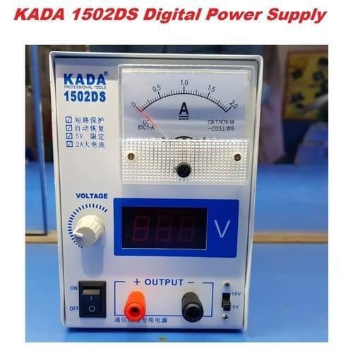 Kada 1502DS Adjustable Digital Power Supply 12V 2A DC Regulator Supply For Mobile Repairing - with an analog ammeter, a digital voltage display, a voltage control knob, power switch, and output terminals.
