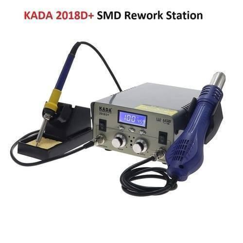Kada 2018D+ SMD BGA Rework Station Hot Air Gun Soldering Iron 2 In 1 Welding Station - with its blue display, two control knobs, soldering iron resting in the stand and a blue hot air gun on its hose.