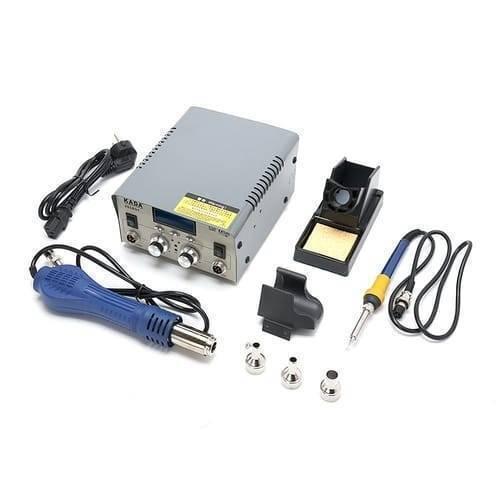 Kada 2018D+ SMD BGA Rework Station Hot Air Gun Soldering Iron 2 In 1 Welding Station - a grey base unit with knobs and a display, a hot air gun, soldering iron, stand, and three nozzle attachments.