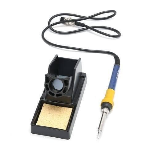 Kada 2018D+ SMD BGA Rework Station Hot Air Gun Soldering Iron 2 In 1 Welding Station - with a blue and yellow handle, a black stand, a yellow cleaning sponge, and a black cable with a circular connector.