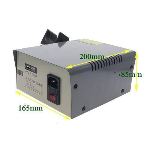 Kada 2018D+ SMD BGA Rework Station Hot Air Gun Soldering Iron 2 In 1 Welding Station - a grey metal unit with dimensions, a USB port, a power input, and a red power switch on the front panel.