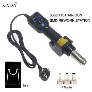 Kada 835D Hot Air Gun SMD Rework Station Thermo Control Anti Static Portable SMD Rework Station - with a digital display, control buttons, power cord, stand, and three metal nozzles.