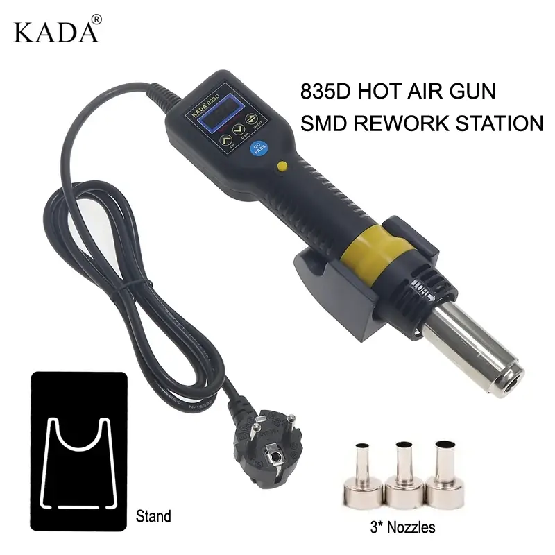 Kada 835D Hot Air Gun SMD Rework Station Thermo Control Anti Static Portable SMD Rework Station - with a digital display, control buttons, power cord, stand, and three metal nozzles.