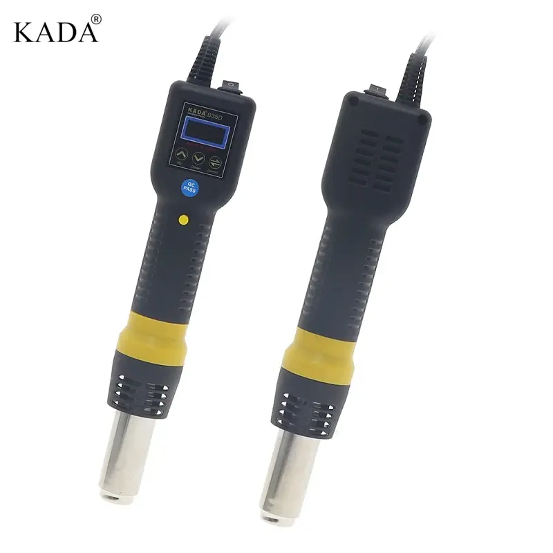 Kada 835D Hot Air Gun SMD Rework Station Thermo Control Anti Static Portable SMD Rework Station - two black and yellow portable rework tools with a digital display, buttons, and power cords on a white background.