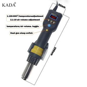 Kada 835D Hot Air Gun SMD Rework Station Thermo Control Anti Static Portable SMD Rework Station - a digital display reading 480, control buttons, a sleep switch, and dimension labels on a white background.