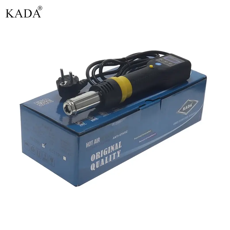 Kada 835D Hot Air Gun SMD Rework Station Thermo Control Anti Static Portable SMD Rework Station - a black and yellow portable tool with a digital display and power cord, resting on its blue product box.