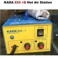 Kada 850+b Hot Air SMD BGA Rework Station - a blue and yellow unit with a power switch, two control knobs for air and heater, and a hot air handle.