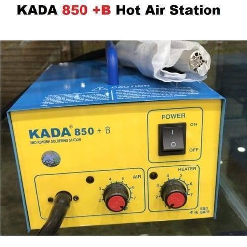 Kada 850+b Hot Air SMD BGA Rework Station - a blue and yellow unit with a power switch, two control knobs for air and heater, and a hot air handle.