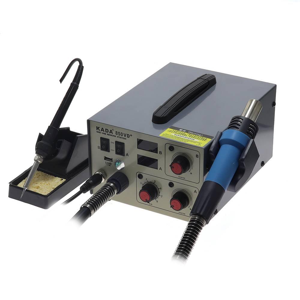 Kada 850VD+ Hot Air SMD Rework Station - a grey metal unit with two digital displays, four control knobs, a USB port, soldering iron, and heat gun.