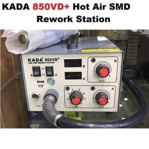 Kada 850VD+ Hot Air SMD Rework Station - a grey metal housing with two digital displays, four control knobs, two power switches, and a USB port.